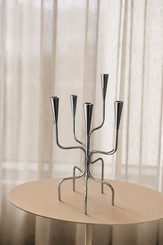 Candle Holder 5 Ports 66cm - Chrome Silver