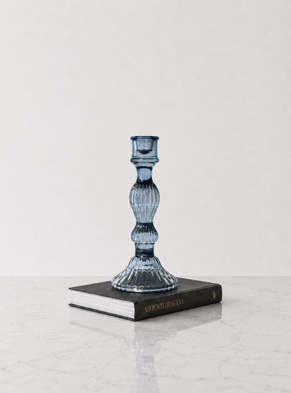Glass Vintage Candle Holder - Blue - Set of 2