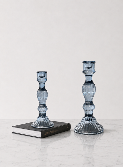 Glass Vintage Candle Holder - Blue - Set of 2