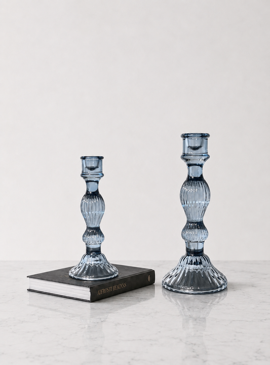 Glass Vintage Candle Holder - Blue - Set of 2
