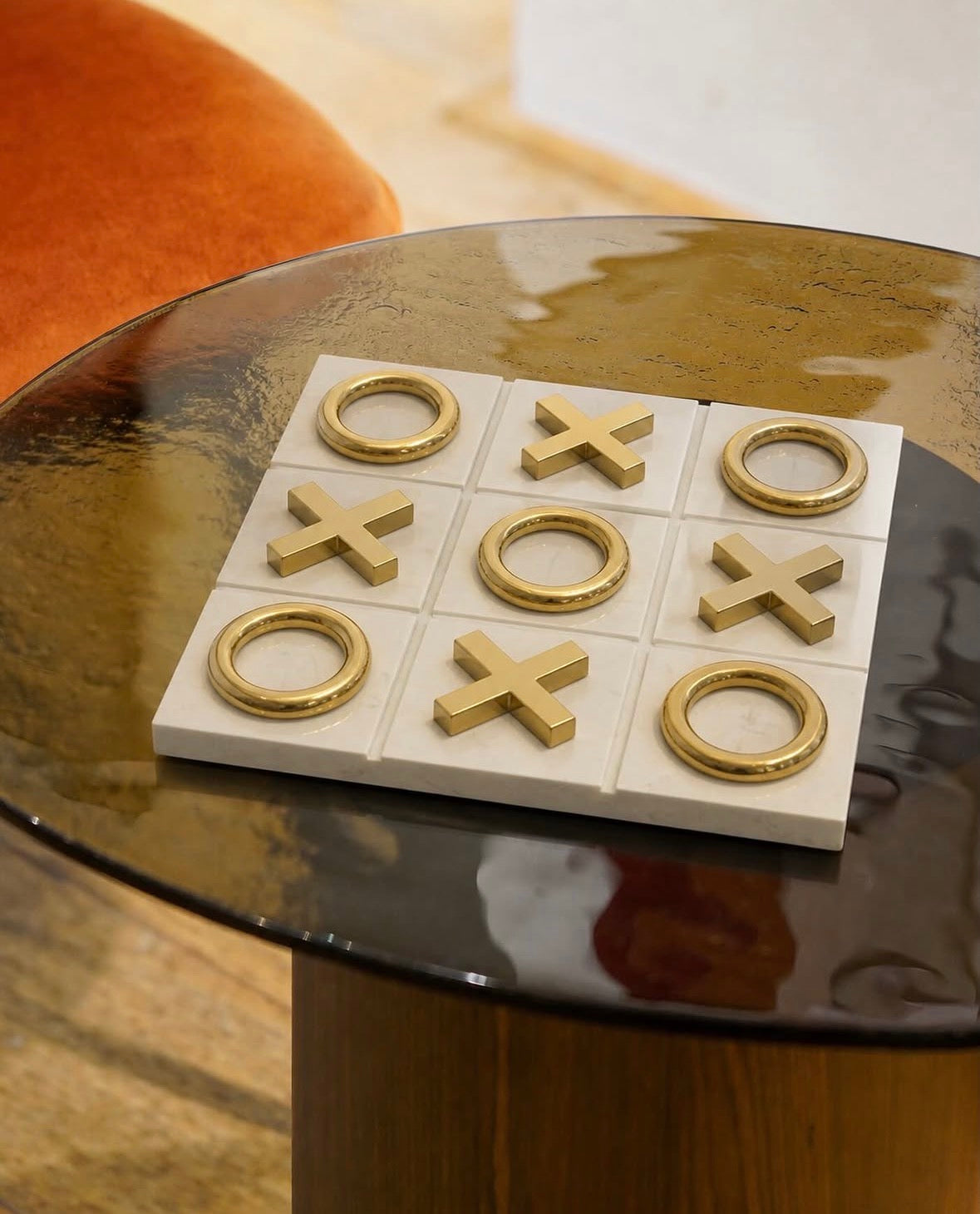 Tic Tac Toe - White Marble with XO Gold